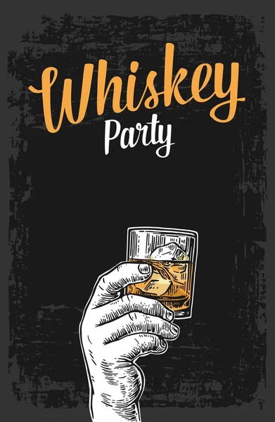 Male hand holding a glass with whiskey and ice cubes. Vintage vector engraving illustration for label, poster, invitation to a party — Stock Vector