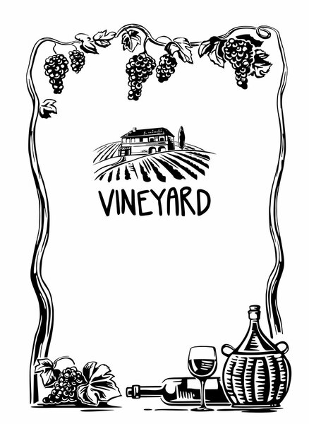Rural landscape with villa and vineyard fields. Bunch of grapes, a bottle, a glass and a jug of wine. Black and white vintage vector high illustration for label, poster, web, icon.
