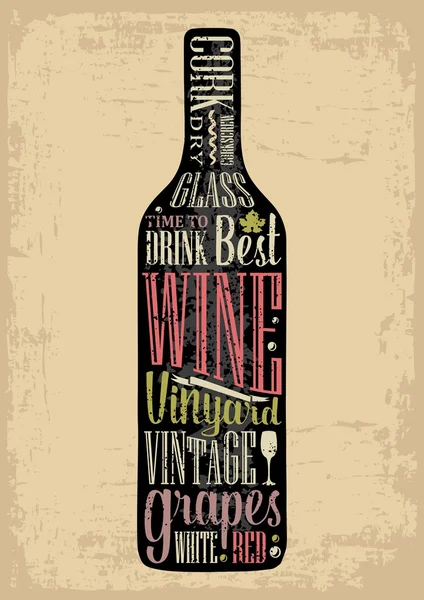 Typografický plakát s textem v siluetě láhev vína. Ukázka ryté ilustrace. Návrh reklamy pro hospodu na pozadí starého hnědého papíru — Stockový vektor