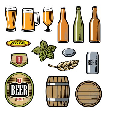 Bira vektör düz simgeler ayarla şişe, cam, varil bira bardağı