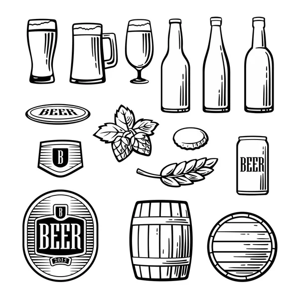 Cerveza vector iconos planos conjunto botella, vidrio, barril, pinta — Vector de stock