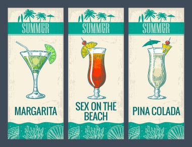 Alkol kokteyl seti. Margarita, sahilde seks, pina colada. Web, poster, menü, yaz plaj partisi daveti için Vintage vektör gravür illüstrasyon. Işık arka planda yalıtılmış