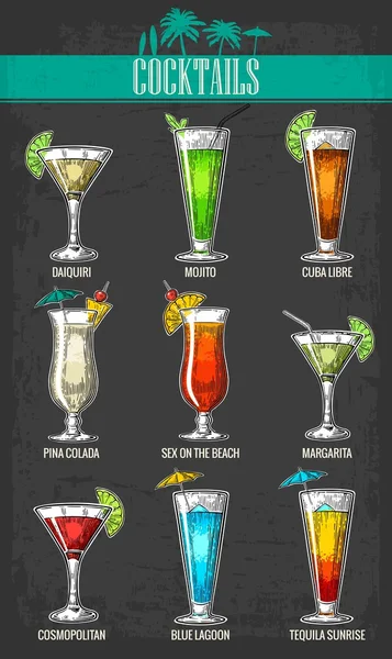 Set de cócteles de alcohol - margarita, sexo en la playa, pina colada, daiquiri, mojito, cuba libre, cosmopolita, laguna azul, salida del sol de tequila. Cartel de grabado vectorial vintage, menú para fiesta de playa de verano — Archivo Imágenes Vectoriales