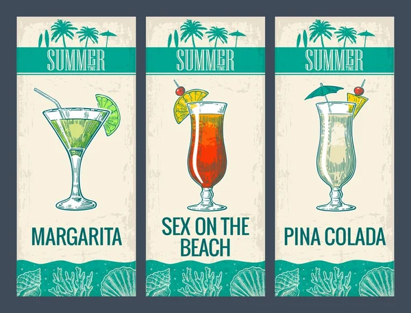 Conjunto de coquetéis de álcool. Margarita, sexo na praia, pina colada. Vintage vetor gravura ilustração para web, cartaz, menu, convite para festa na praia de verão. Isolado em fundo claro — Vetor de Stock