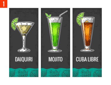 Alkol kokteyl ayarlayın. ROM ve limonlu kokteyl, mojito, cuba libre. Vintage vektör resmi web, poster, menü, yaz plaj partisine davet için oyma. Koyu arka plan üzerinde izole
