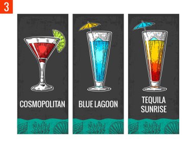 Alkol kokteyl ayarlayın. Kozmopolit, mavi lagün ve tekila sunrise. Vintage vektör resmi web, poster, menü, yaz plaj partisine davet için oyma. Koyu arka plan üzerinde izole
