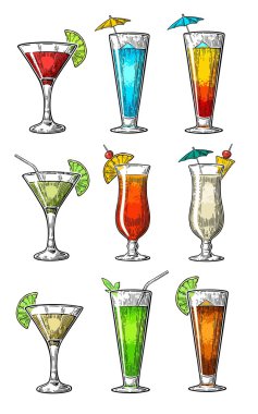 Alkol kokteyl ayarla - margarita, plaj, pina colada, ROM ve limonlu kokteyl, mojito, cuba libre, kozmopolit, mavi lagün, Açık Cinsiyet tekila sunrise. Vintage vektör oyma poster, yaz plaj partisi için menü.