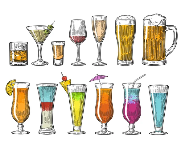 Set vaso cerveza whisky vino tequila coñac champán cócteles. Ilustración de grabado vectorial vintage para web, póster, menú, invitación a la fiesta de verano en la playa. Aislado sobre fondo blanco — Archivo Imágenes Vectoriales