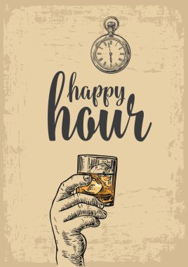 Male hand holding a glass with whiskey and ice cubes. Vintage vector engraving illustration for label, poster, menu. beige background. Happy hour vector Male hand holding a glass with whiskey and ice cubes. Vintage vector engraving illustration for label, poster, menu. beige background. Happy hour vector