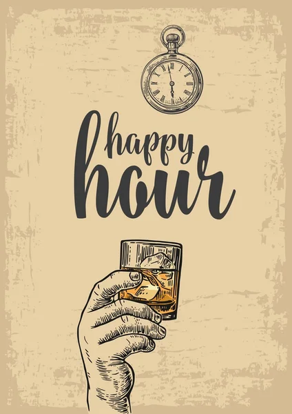 Mano masculina sosteniendo un vaso con whisky y cubitos de hielo. Ilustración de grabado vectorial vintage para etiqueta, póster, menú. Fondo beige. Hora feliz. — Vector de stock