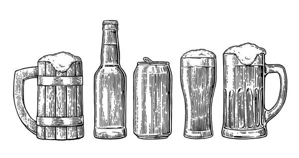 Beer glass, mug, can, bottle, hop. Vector vintage engraved illustration isolated on white background.