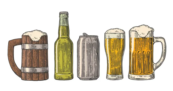 Beer glass, mug, can, bottle, hop. Vector vintage engraved color illustration isolated on white background. — ストックベクタ