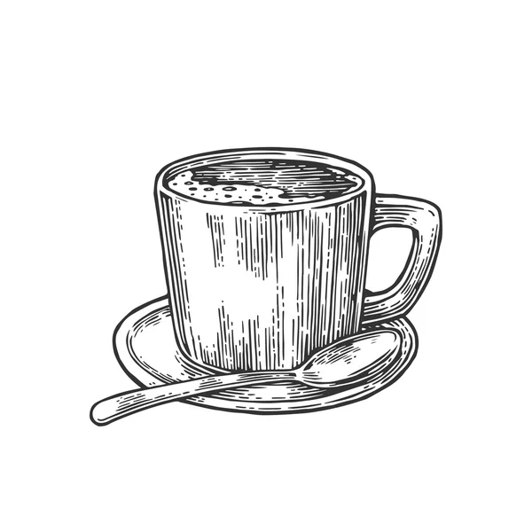 Tasse Kaffee mit Untertasse, Löffel vorhanden. handgezeichnete Skizze. Vintage Black Vector Gravur Illustration für Etikett, Web, Flatterband. isoliert auf weißem Hintergrund. — Stockvektor