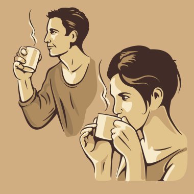 Man and woman drinking coffee. Vector vintage monochrome illustration. Hand drawn sketch for poster, web, banner.