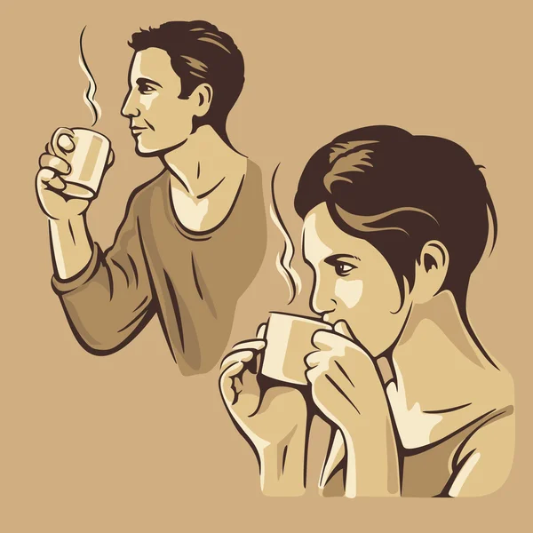 Man and woman drinking coffee. Vector vintage monochrome illustration. Hand drawn sketch for poster, web, banner. — Wektor stockowy