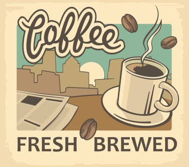 Masada kahve fincanı ve haber kağıdı Vintage Vektör illüstrasyon. Retro poster şablonu. Vektör eski kağıt doku yiyecek ve içecek arka plan kavramı.