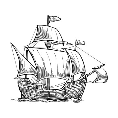Dalgalar deniz üzerinde yüzen gemi yelken. Caravel Santa Maria Columbus ile. Elle çizilmiş tasarım öğesi. Vintage vektör resmi posteri, etiket, posta damgası için oyma. Beyaz arka plan üzerinde izole