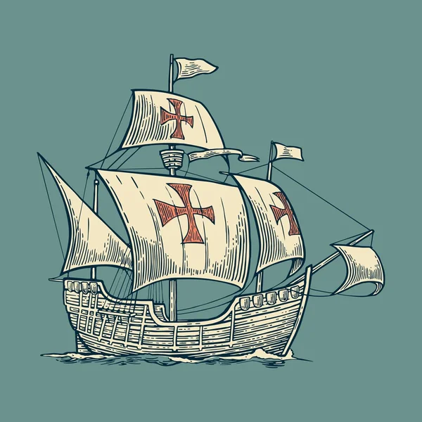 Buque de vela flotando en las olas del mar. Caravel Santa Maria con Colón. Elemento dibujado a mano. Ilustración de grabado vectorial vintage para póster, etiqueta, matasellos. Aislado sobre fondo azul — Vector de stock