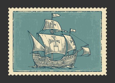 Sailing ship floating on the sea waves. Caravel Santa Maria with Columbus. Hand drawn design element. Vintage vector engraving illustration for poster, label, postmark. Isolated on blue background clipart