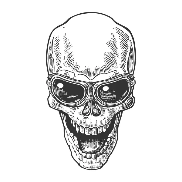 Calavera sonriendo con gafas para moto. Ilustración de vector negro vintage. Para el cartel y el club de motociclistas tatuaje. Elemento de diseño dibujado a mano aislado sobre fondo blanco . — Archivo Imágenes Vectoriales