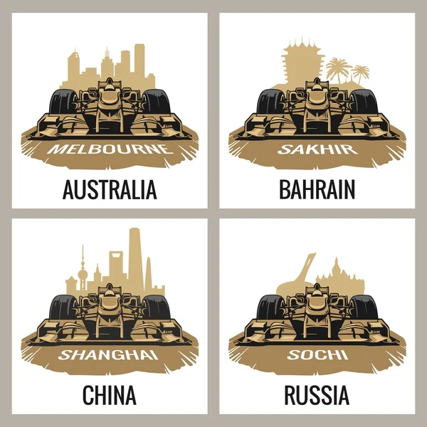 Установить винтажный плакат Гран-при. Мельбурн, Австралия, Сахир, Бахрейн, Шанхай, Китай, Сочи, Россия. Вектор для плаката, веб — стоковый вектор