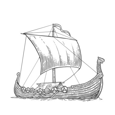 Dalgalar deniz üzerinde yüzen Drakkar. El gemi yelken tasarım öğesi çekilmiş. Vintage vektör resmi posteri, etiket, posta damgası için oyma. Beyaz arka plan üzerinde izole.