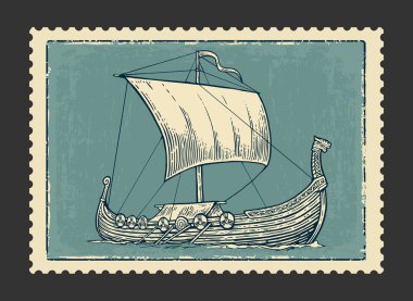 Dalgalar deniz üzerinde yüzen Drakkar. El gemi yelken tasarım öğesi çekilmiş. Vintage vektör resmi posteri, etiket, posta damgası için oyma. Koyu arka plan üzerinde izole.