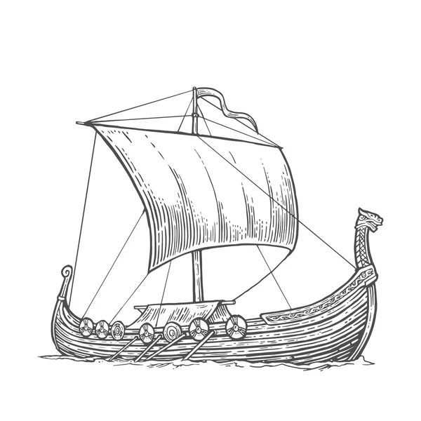 Drakkar drijvend op de golven van de zee. Hand getekend ontwerpelement zeilschip. Vintage vector illustratie voor poster, label, postmark gravure. Geïsoleerd op witte achtergrond. — Stockvector