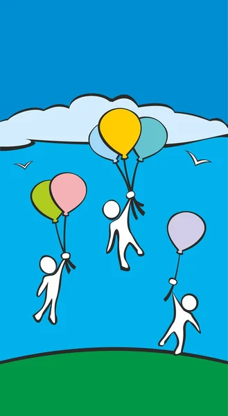 Des gens qui volent sur des ballons. Symbole de succès. Conception dessin plat vectoriel — Image vectorielle