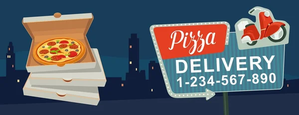 Retro gece bir ok işaretiyle. Retro tarzı Işıklı billboard. Teslimat pizza kırmızı motosiklet üzerinde. Şehir gece arka plan üzerinde vektör düz illüstrasyon izole. Afiş, poster, tanıtım için
