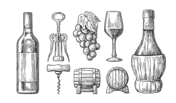 Set de vino. Botella, vidrio, sacacorchos, barril, racimo de uvas . — Vector de stock