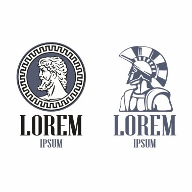 Ancient Greece philosopher head and Spartan warrior in the traditional helmet on his head. Illustration For Emblem, Logo, icon in vintage style clipart