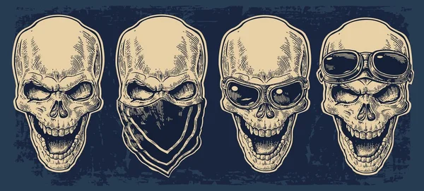 Calavera sonriendo con bandana y gafas para moto . — Vector de stock