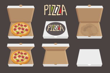 Tüm pizza açık ve kapalı karton kutuda. Teslim. İzole vektör Düz stil çizimini ayarlama