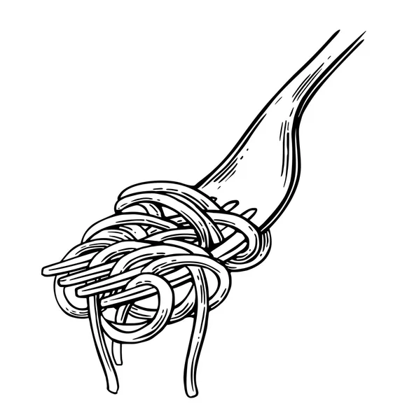 Špagety na vidličku. Vektorové vintage černé ilustrace izolované na bílém pozadí. — Stockový vektor