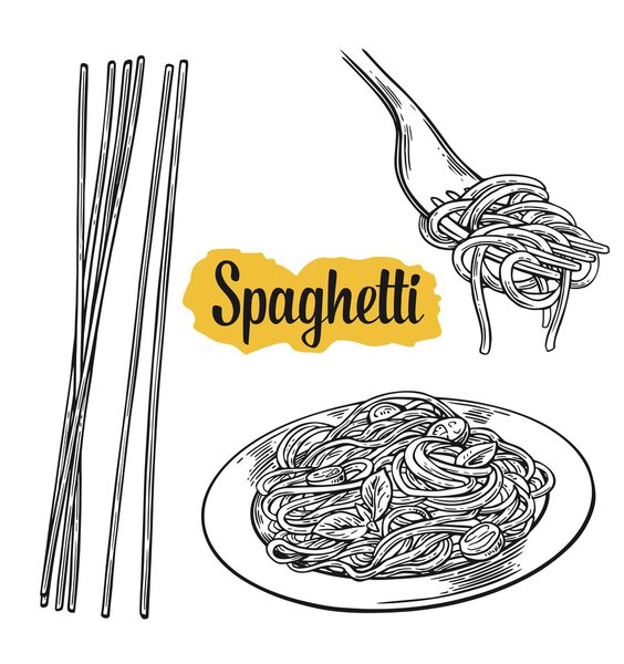 Spaghetti on fork and plate. Vector vintage black illustration isolated on white background