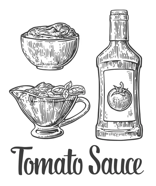 Пляшка кетчупу, томатний соус у тарілці. Векторна вінтажна гравірована ілюстрація — стоковий вектор
