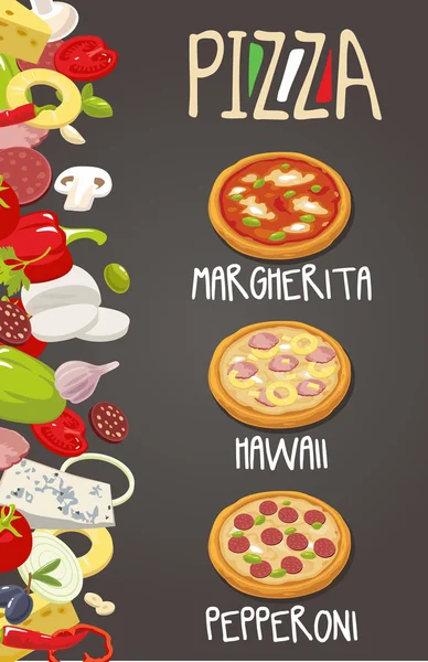 Ganze Pepperoni, Hawaiianer, Margherita-Pizza und die Zutaten für die Pizza. Isolierte Vektorillustration. Für Menüs, Symbole Webdesign-Infografik — Stockvektor