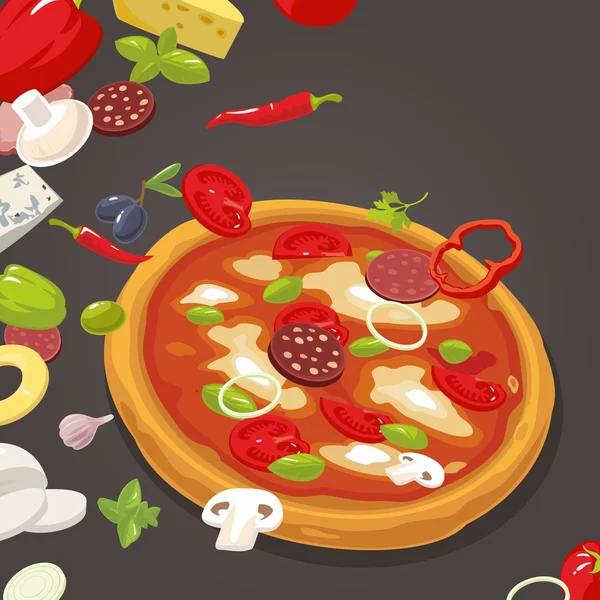 Hele pizza en de ingrediënten voor de pizza. Geïsoleerde vector Platte stijl illustratie. — Stockvector