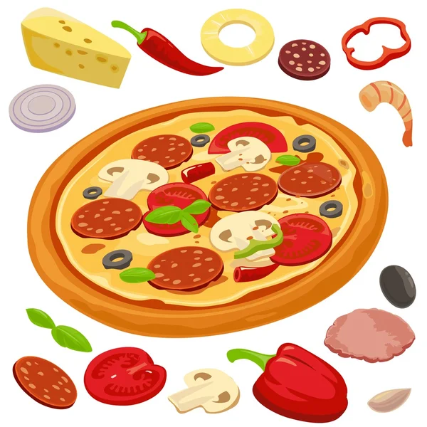 Celá pizza a ingredience na pizzu. Izolovaný vektor plochý styl ilustrace.White pozadí — Stockový vektor