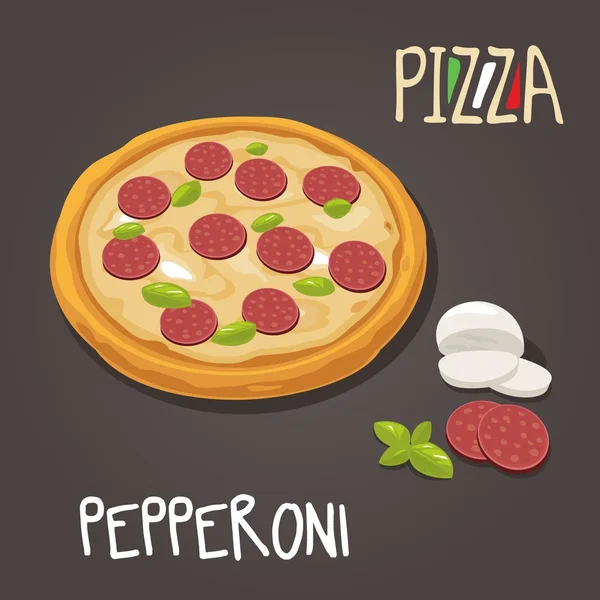 Πίτσα με πεπερόνι και υλικά. Μεμονωμένο διάνυσμα επίπεδη απεικόνιση στυλ. — Διανυσματικό Αρχείο