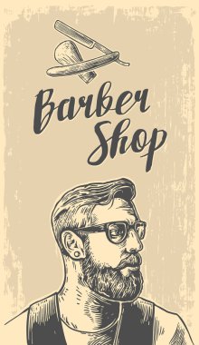 Hipster tıraş saç kesimi berber içinde. Vektör siyah beyaz çizimler ve tipografi öğeleri. Poster, etiket, banner, web için çizilmiş vintage oyma el.