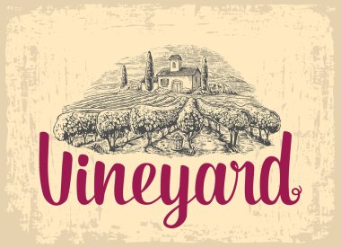 Kırsal manzara villa, bağ alanları ve tepeler. Oyma çizilmiş vintage illüstrasyon vektör.