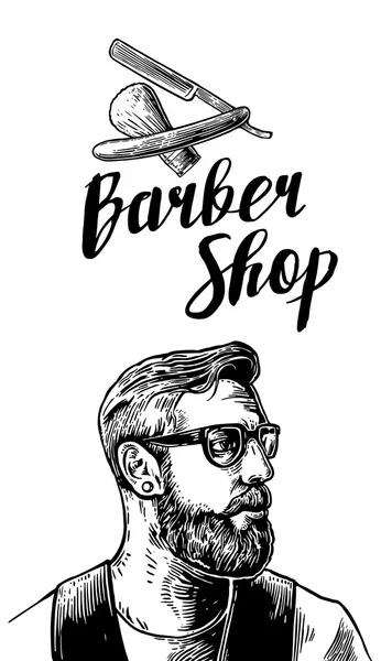 Hipster rasare i capelli nel negozio di barbiere. Illustrazioni vettoriali in bianco e nero ed elementi tipografici. Incisione vintage disegnata a mano per poster, etichetta, banner, web . — Vettoriale Stock