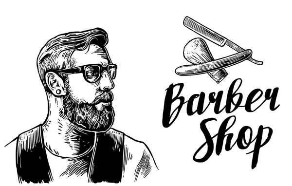 O Hipster rapou o cabelo na Barbearia. Vetor ilustrações em preto e branco e elementos tipográficos. Gravura vintage desenhada à mão para cartaz, rótulo, banner, web . —  Vetores de Stock