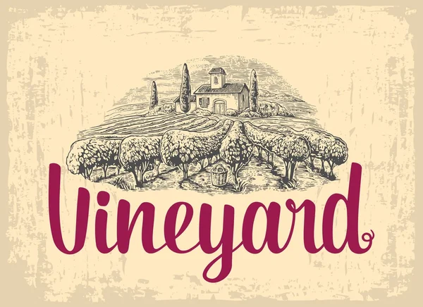 Kırsal manzara villa, bağ alanları ve tepeler. Oyma çizilmiş vintage illüstrasyon vektör.