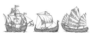 Caravel, drakkar, junk. Set sailing ships floating on the sea waves. Hand drawn design element. Vintage vector engraving illustration for poster, label, postmark. Isolated on white background clipart