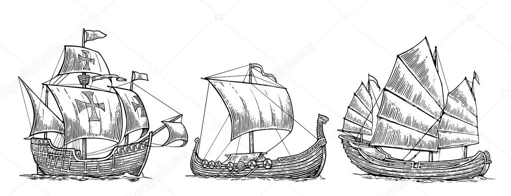 Caravella, drakkar, robaccia. Posizionare navi a vela galleggianti sulle  onde del mare. Elemento di design disegnato