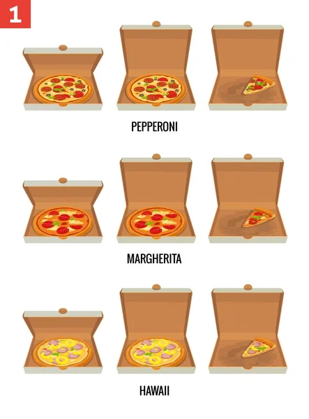 Pizza intera e fette di pizza in scatola bianca aperta e semi-aperta. Salame piccante, hawaiano, Margherita. Illustrazione piatta isolata vettoriale per poster, menu, brochure, web e icona . — Vettoriale Stock