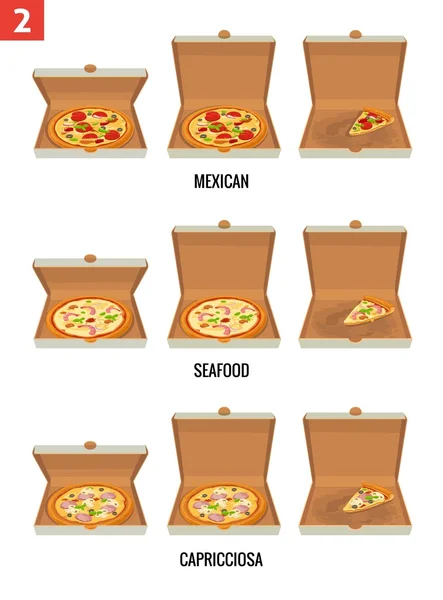 Pizza intera e fette di pizza in scatola bianca aperta e semi-aperta. Salame piccante, hawaiano, Margherita. Illustrazione piatta isolata vettoriale per poster, menu, brochure, web e icona . — Vettoriale Stock